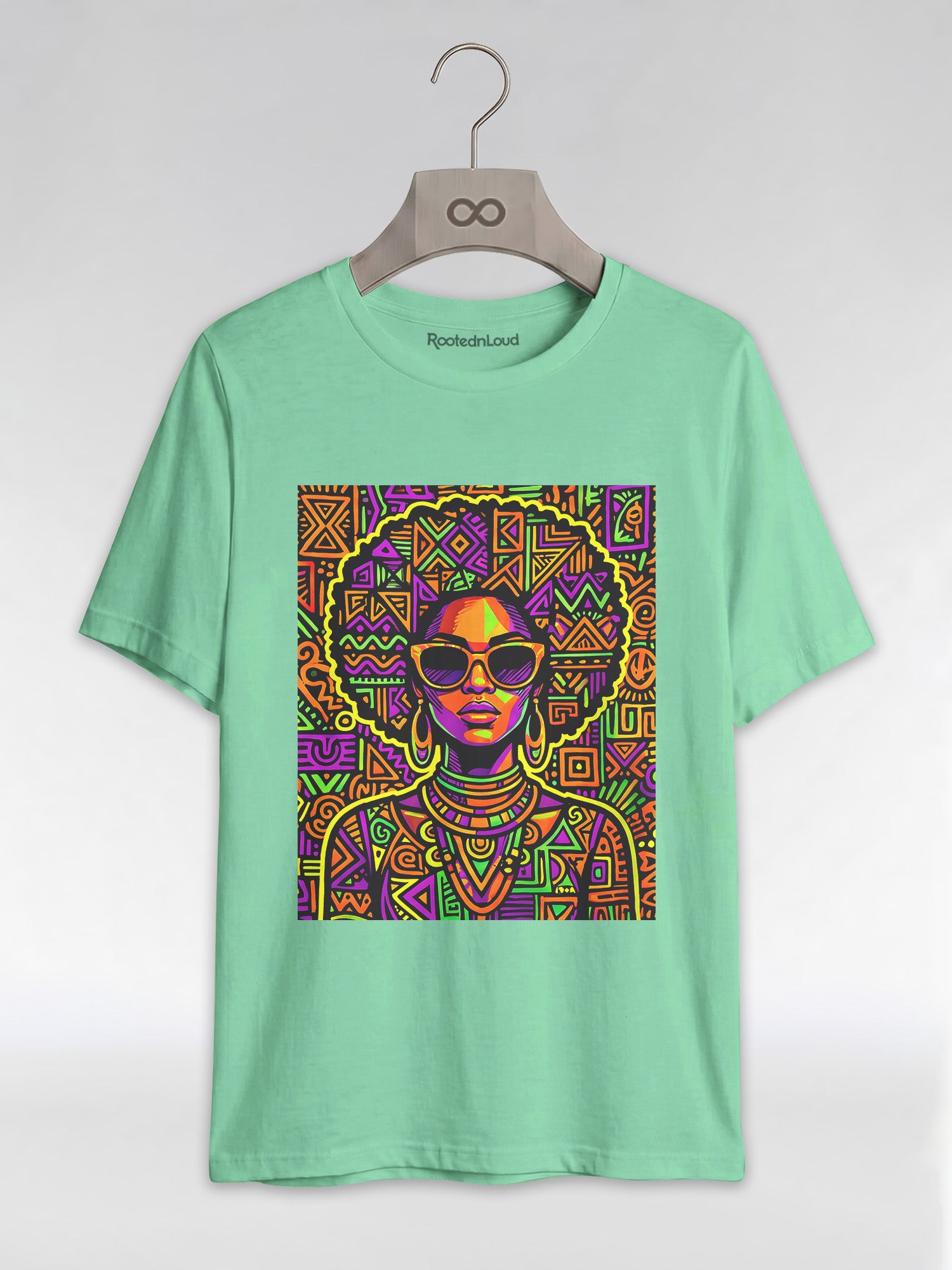 Neon Tribal Queen: Afrocentric Pop Art Black Woman Graphic T-Shirt - RootednLoud