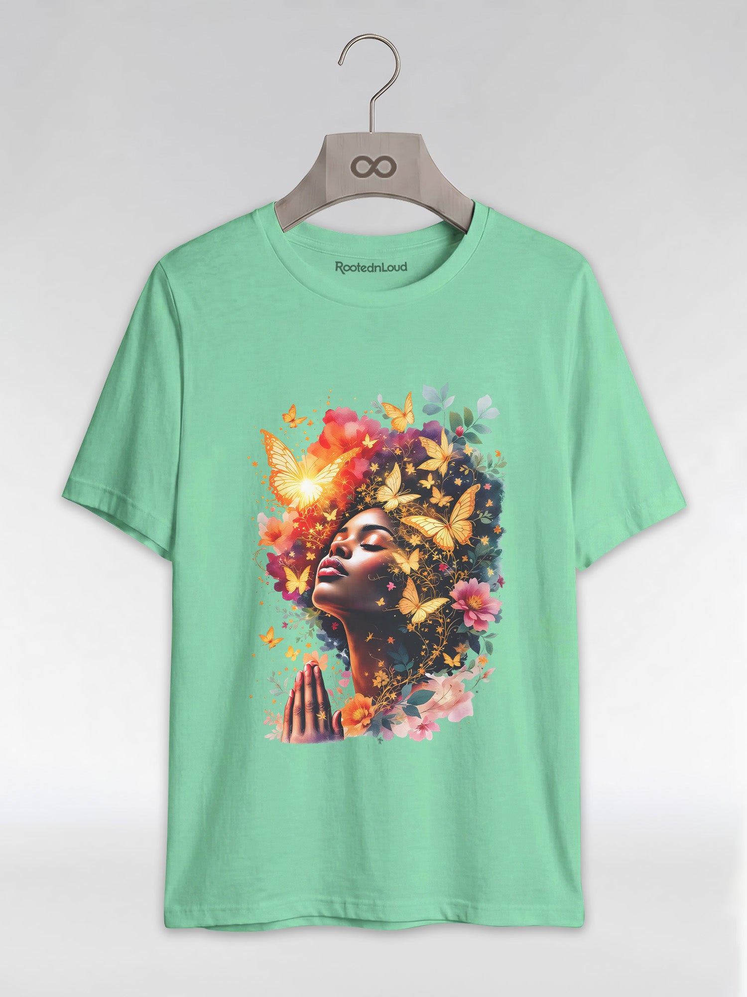Praying Black Queen: Ethereal Floral Butterfly Graphic T-Shirt - RootednLoud