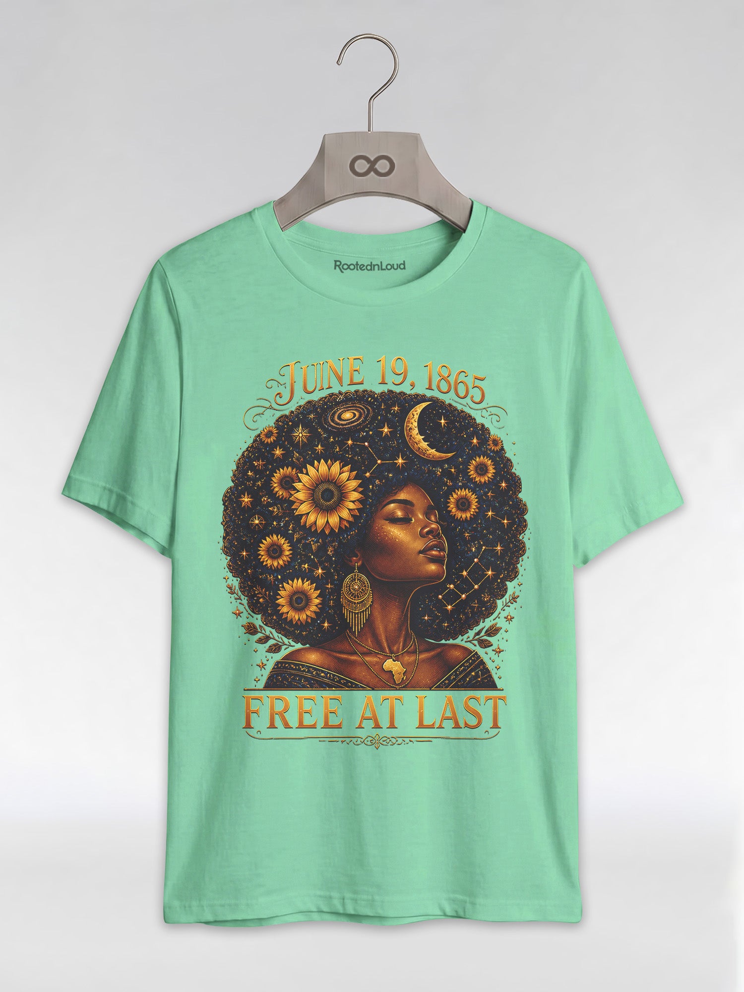 Free At Last Juneteenth: Celestial Afro Melanin Queen Graphic T-Shirt - RootednLoud