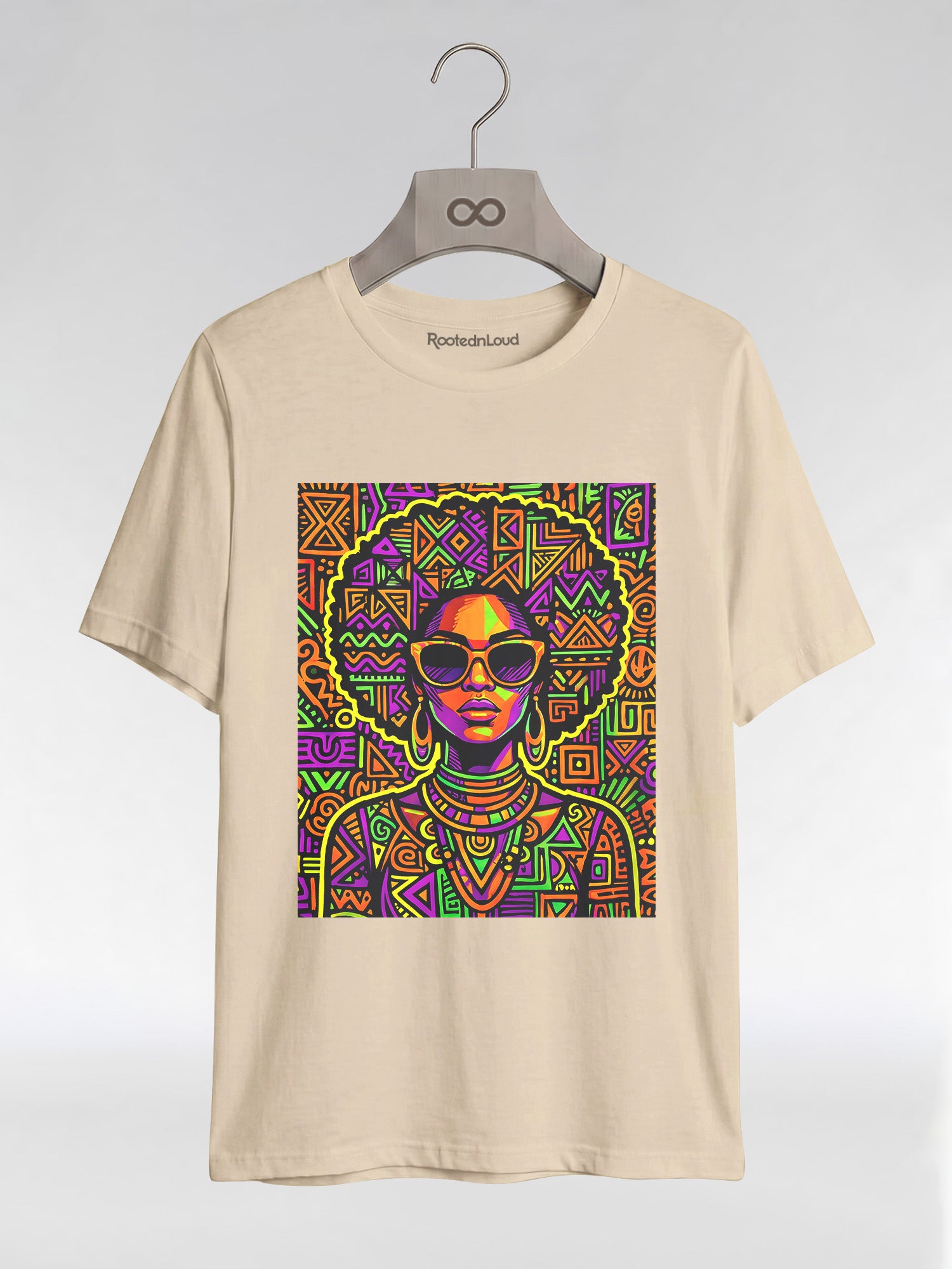 Neon Tribal Queen: Afrocentric Pop Art Black Woman Graphic T-Shirt - RootednLoud