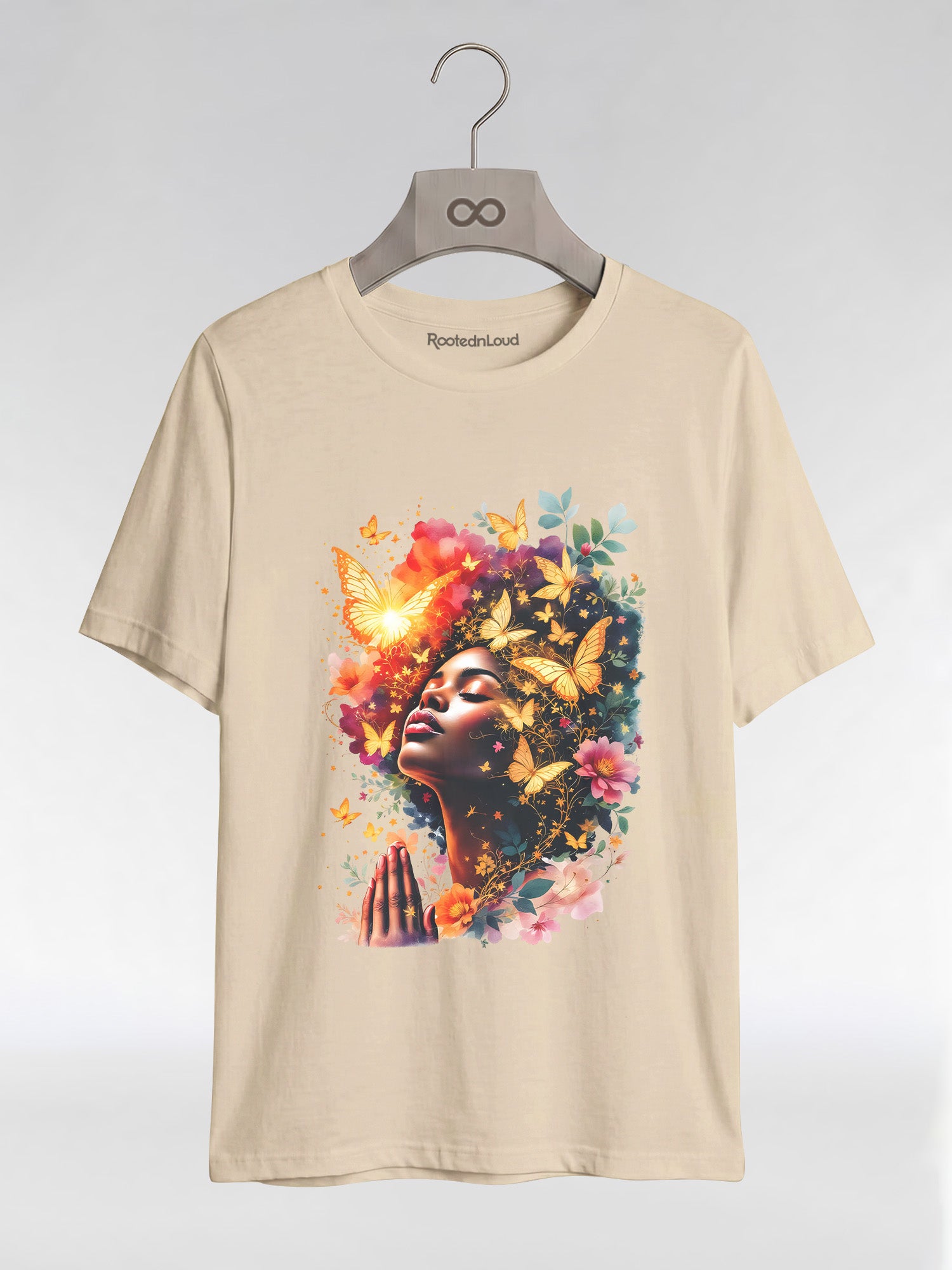 Praying Black Queen: Ethereal Floral Butterfly Graphic T-Shirt - RootednLoud