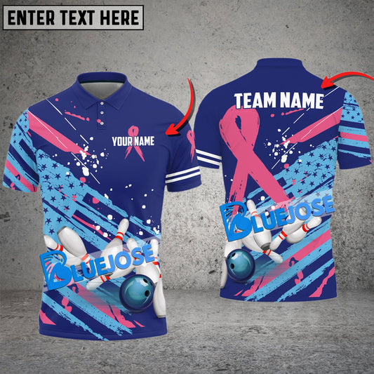 Frenzideas Bowling Pink Ribbon American Flag Pattern Customized Name, Team Name 3D Shirt