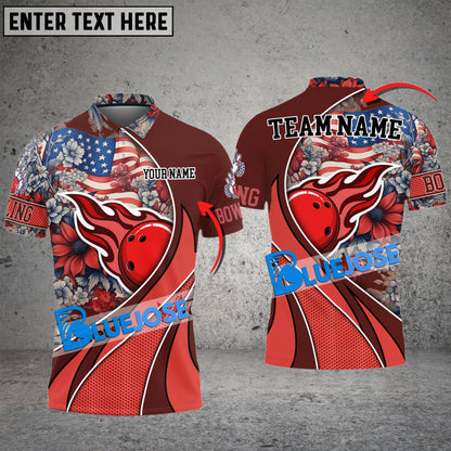 Frenzidea Bowling And Pins US Flag And Flowers Customized Name 3D Shirt (4 Colors)