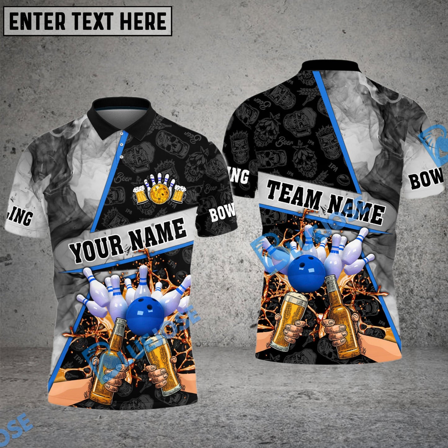 Frenzidea Bowling And Pins Beer Flame Grey Smoke Customized Name 3D Shirt (4 Colors)
