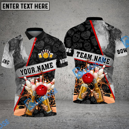 Frenzidea Bowling And Pins Beer Flame Grey Smoke Customized Name 3D Shirt (4 Colors)