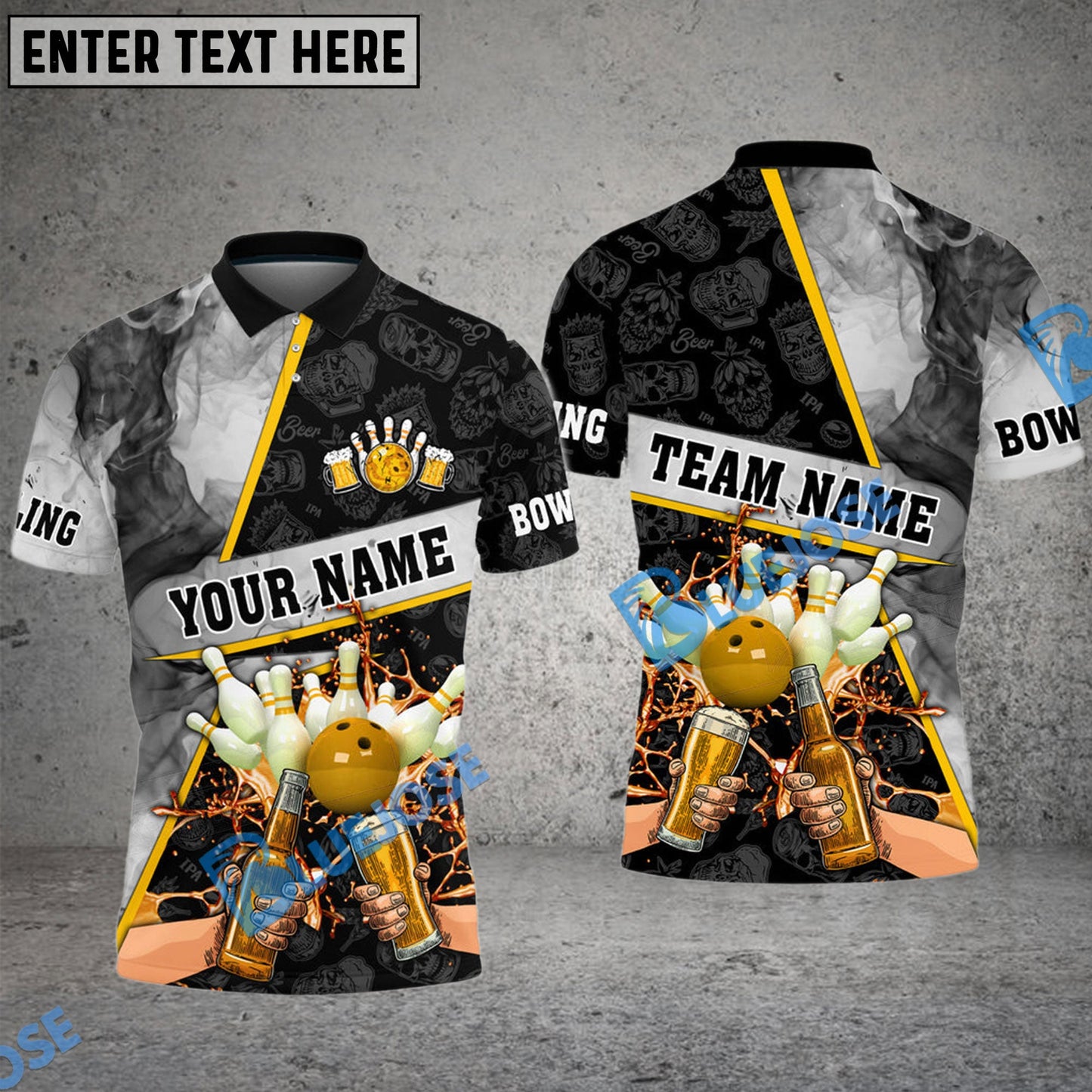 Frenzidea Bowling And Pins Beer Flame Grey Smoke Customized Name 3D Shirt (4 Colors)