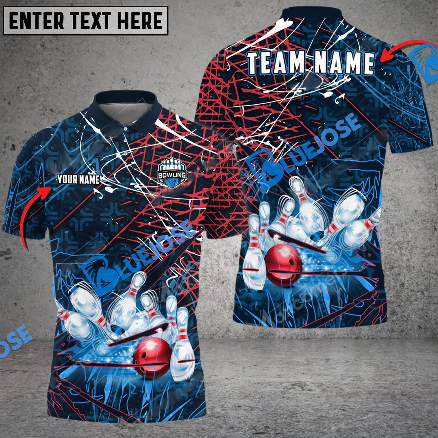 Frenzideas Bowling And Pins Blue And Red Line Customized Name, Team Name 3D Shirt