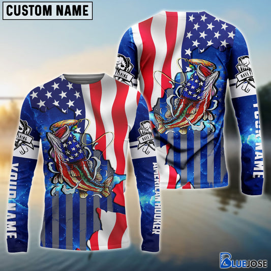 Frenzidea Bass Fishing American Flag Patriotic Custom Name 3D Shirts