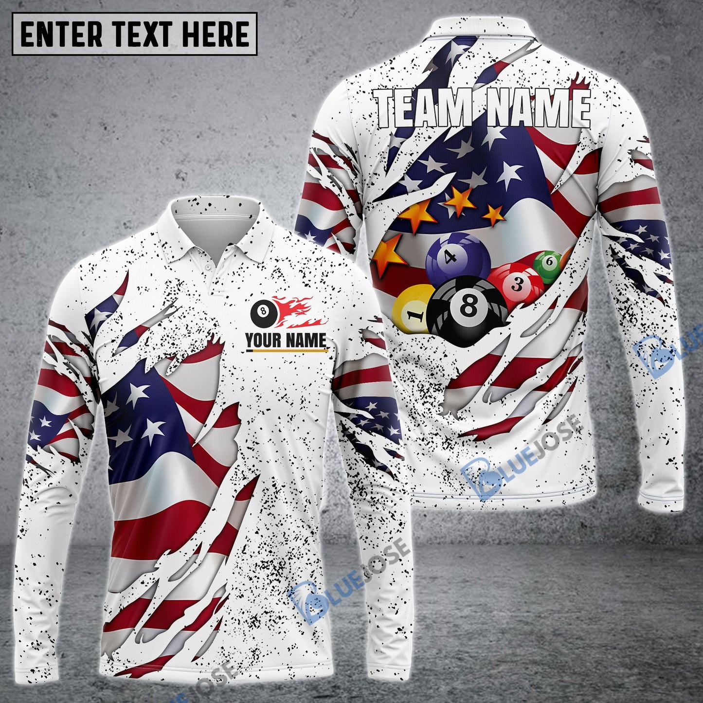Frenzidea Billiards USA Flag White Personalized Name, Team Name Unisex Shirt