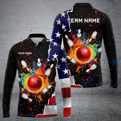 Frenzideas Bowling And Pins Colorful Paint Flag Personalized Name Team Name 3D Shirt