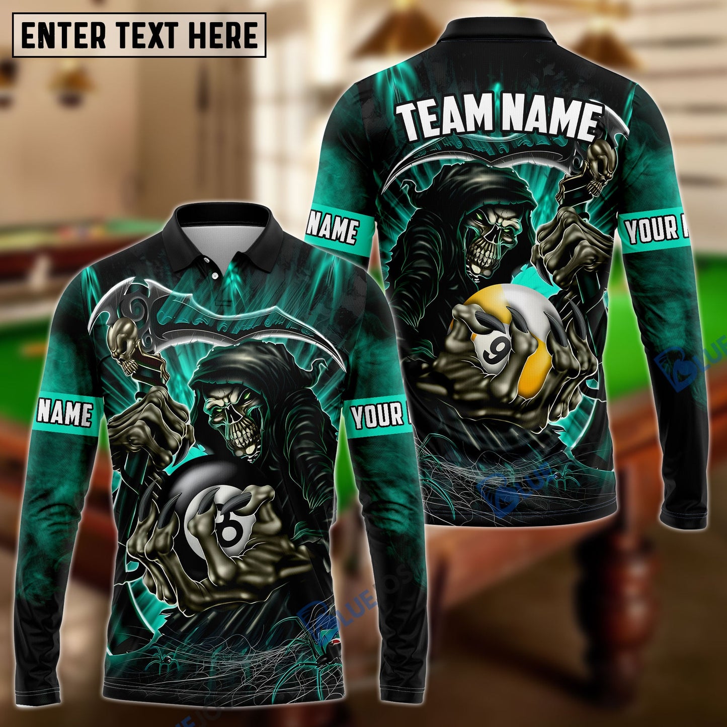 Frenzidea Billiards Green Reaper Personalized Name, Team Name Unisex Shirt