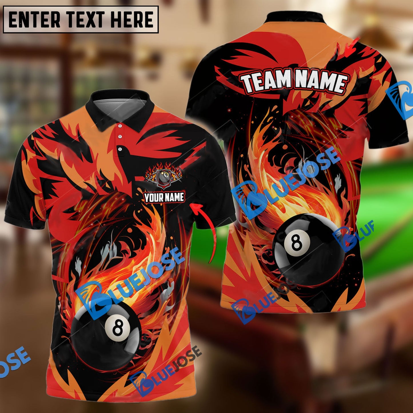 Frenzidea Billiards Fire Phoenix Personalized Name, Team Name Unisex Shirt ( 6 Colors )