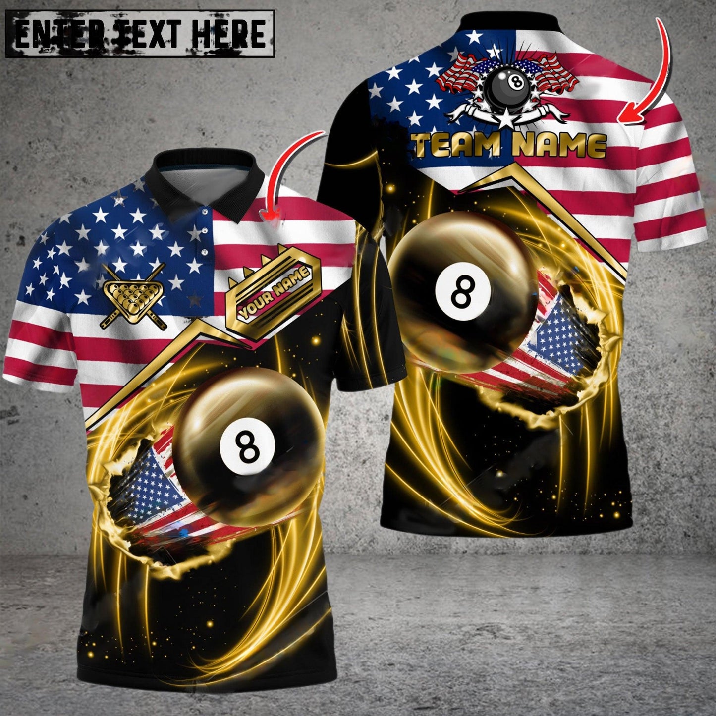 Frenzidea Billiards Ball 8 US Flag Flame Personalized Name, Team Name Unisex Shirt ( 6 Colors )