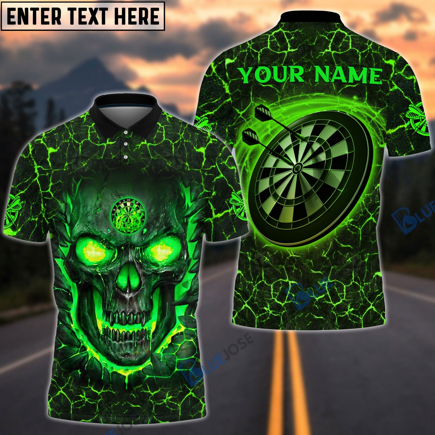 Frenzidea Flame Green Skull Darts Personalized Name 3D Shirt