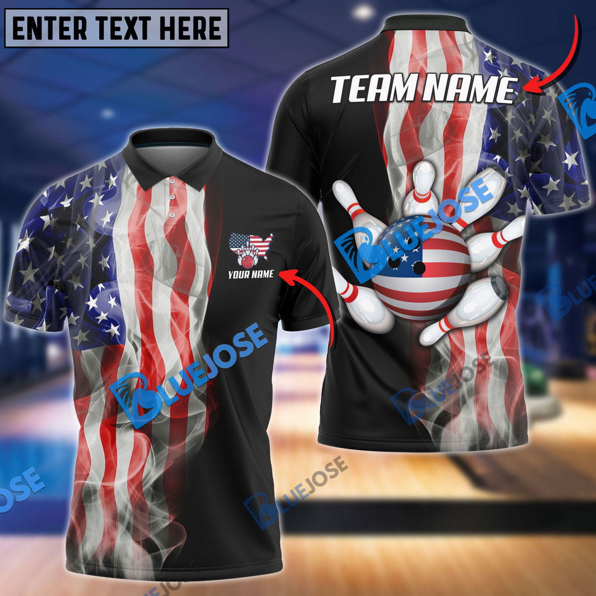 Frenzideas Bowling And Pins American Smoke Flag Customized Name, Team Name 3D Shirt