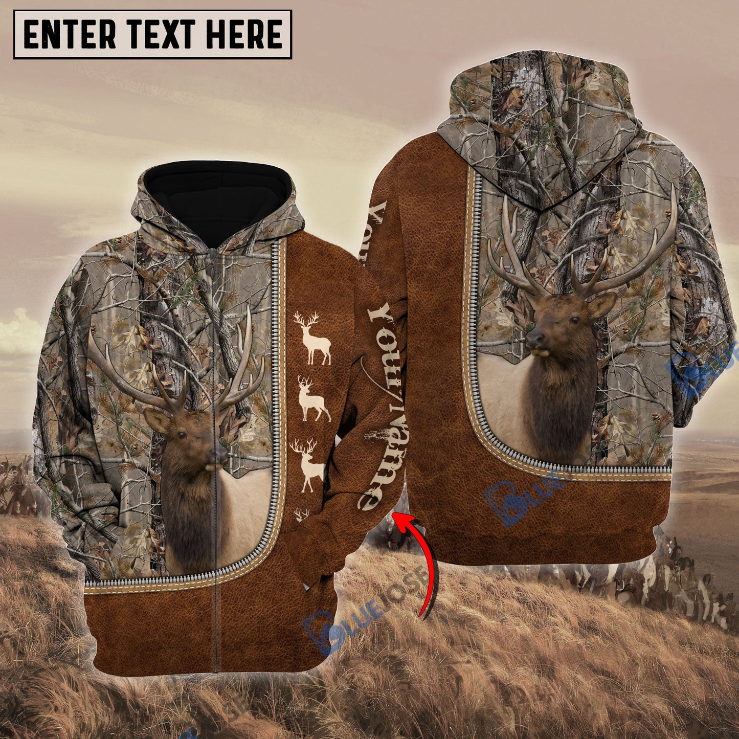 Frenzidea Personalized Name Elk Happiness Hunting Brown Pattern 3D Hoodie