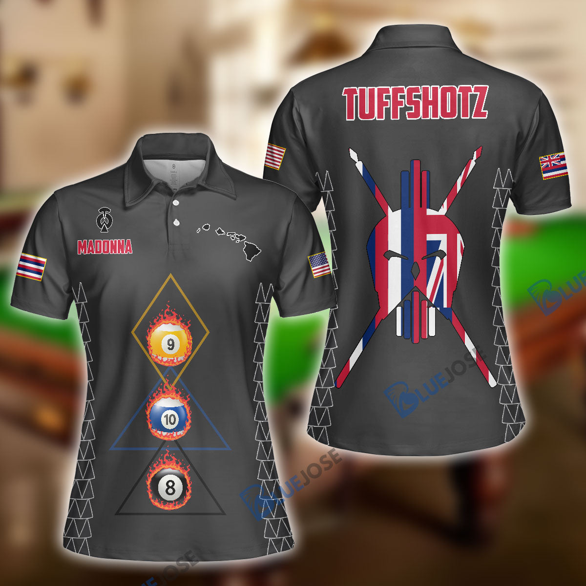 Frenzidea Version 2 Billiards Hawaii & USA Flag Personalized Name, Team Name Zipper Polo Shirt