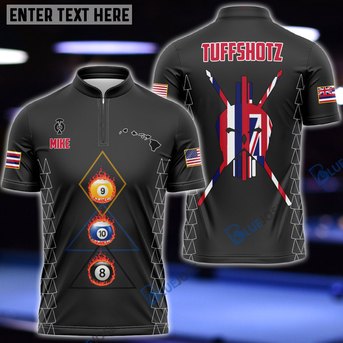 Frenzidea Version 2 Billiards Hawaii & USA Flag Personalized Name, Team Name Zipper Polo Shirt