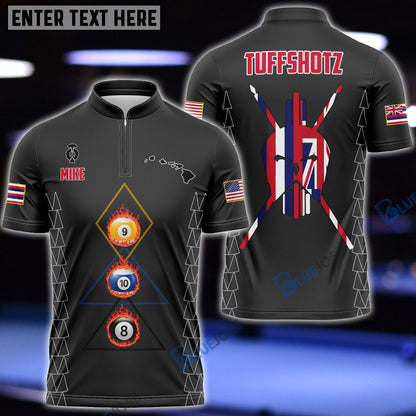 Frenzidea Version 2 Billiards Hawaii & USA Flag Personalized Name, Team Name Zipper Polo Shirt