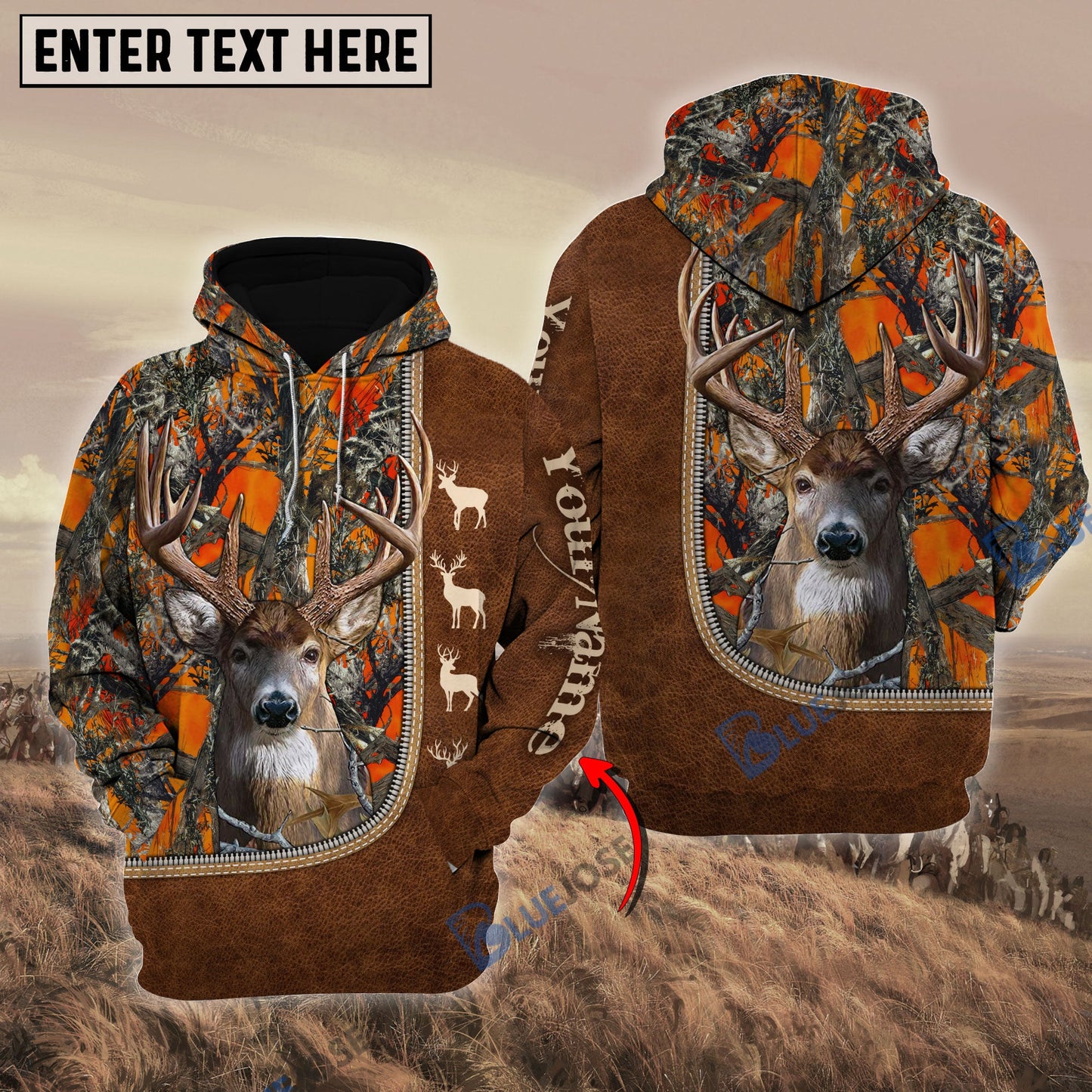 Frenzidea Personalized Name Deer Happiness Hunting Orange Pattern 3D Hoodie
