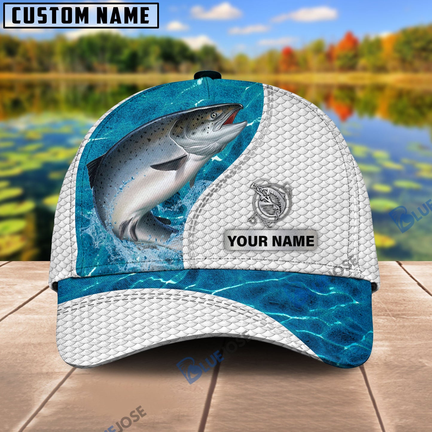Frenzidea Custom Name Salmon Fishing Blue Water Cap