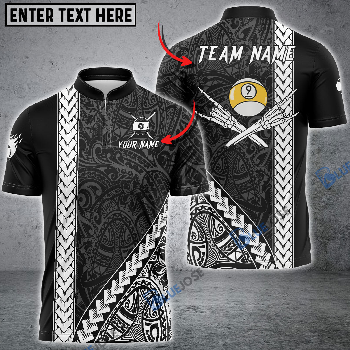 Frenzidea Billiards 9-Ball Black Polynesian Pattern Personalized Shirt