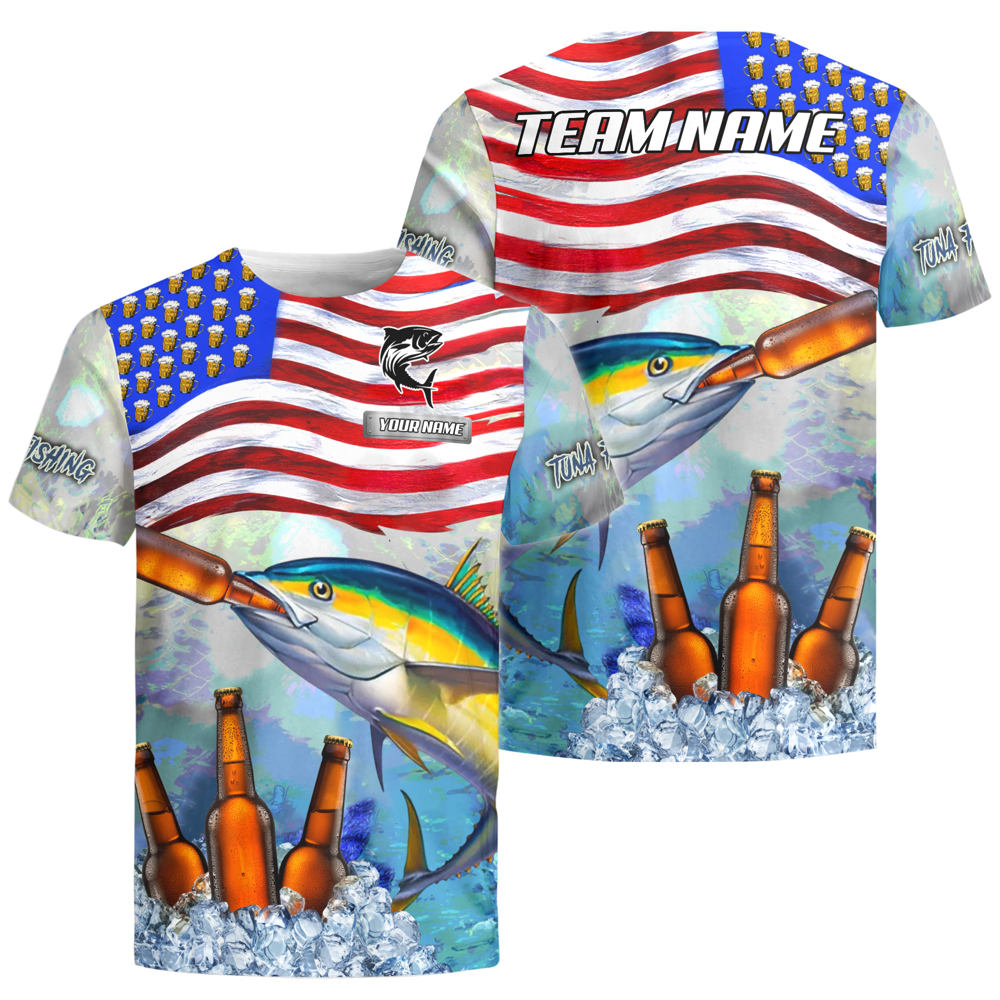 Frenzidea Tuna Fishing American Flag Beer Custom Name & Team Name 3D Shirts