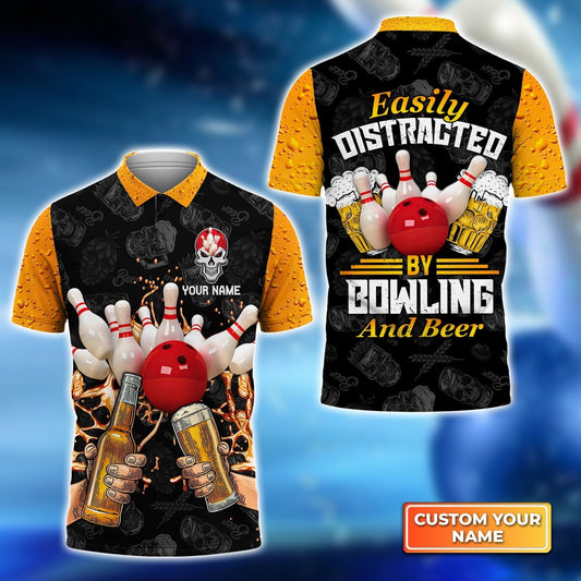 Frenzideas Easily Distracted By Bowling And Beer Customized Name 3D Shirt