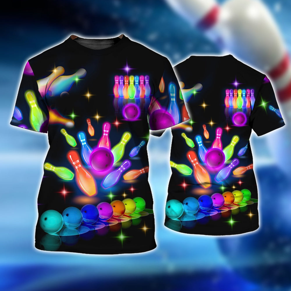 Frenzideas Bowling Party Neon with Purple Balls and White Pins on the Bright Pink 3D Shirt