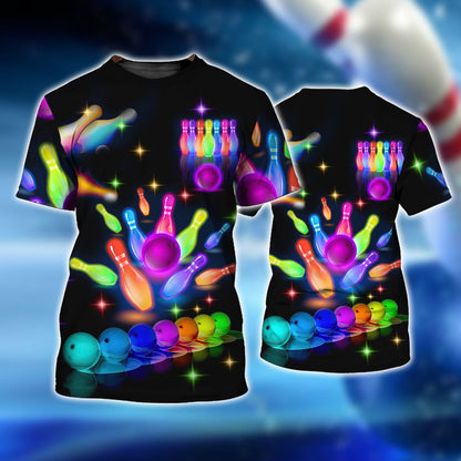 Frenzideas Bowling Party Neon with Purple Balls and White Pins on the Bright Pink 3D Shirt