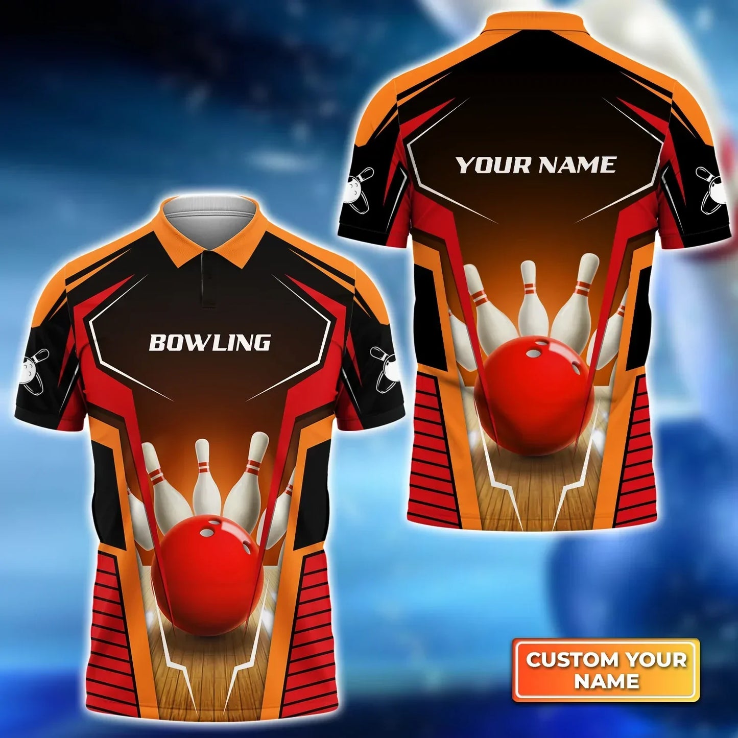 Frenzideas Mens Bowl Pin And Red Bowling Ball Personalized Name 3D Shirt
