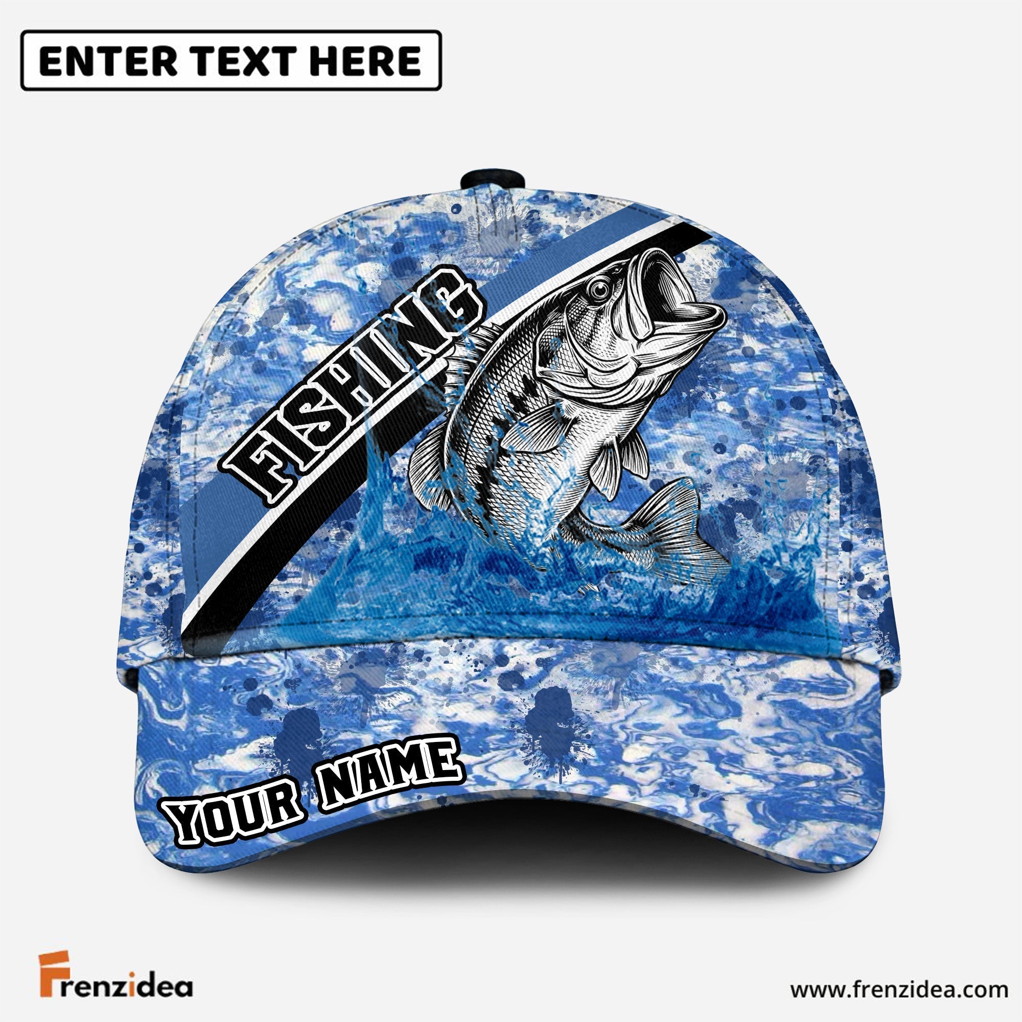 (10 Breeds) Frenzidea Blue Ocean Marble Fishing Customized Name 3D Cap