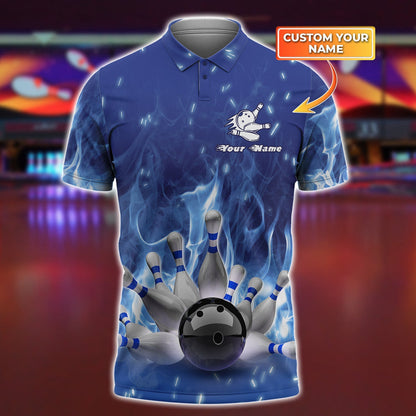 Frenzideas Bowling On Blue Fire Personalized Name 3D Shirt