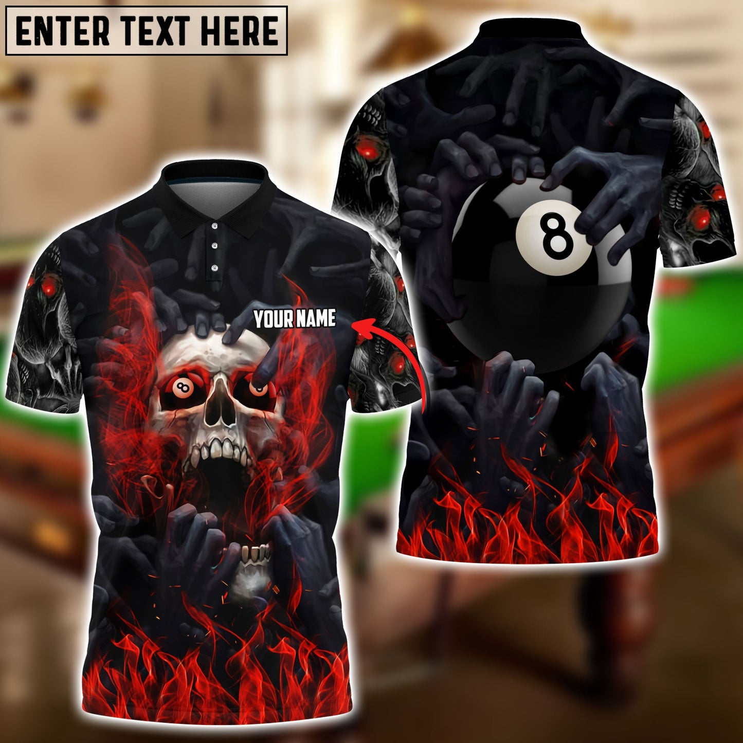 Frenzidea Billiards Skull Fire Personalized Name, Team Name Unisex Shirt