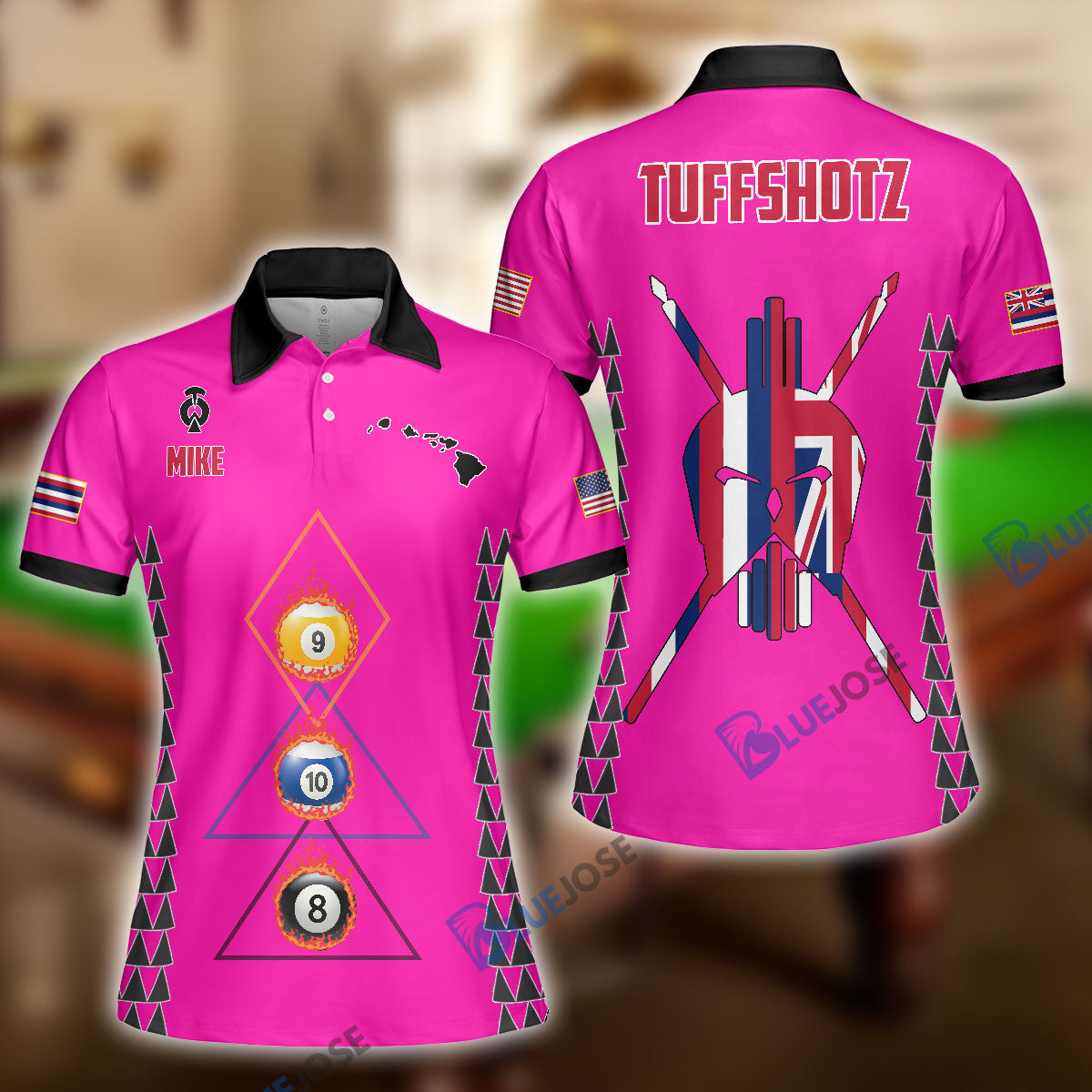 Frenzidea Version 2 Billiards Hawaii & USA Flag Personalized Name, Team Name Polo Shirt
