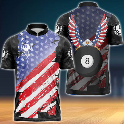 Frenzidea Ball 8 Eagle USA Flag Billiard Custom Name Zipper Polo Shirt