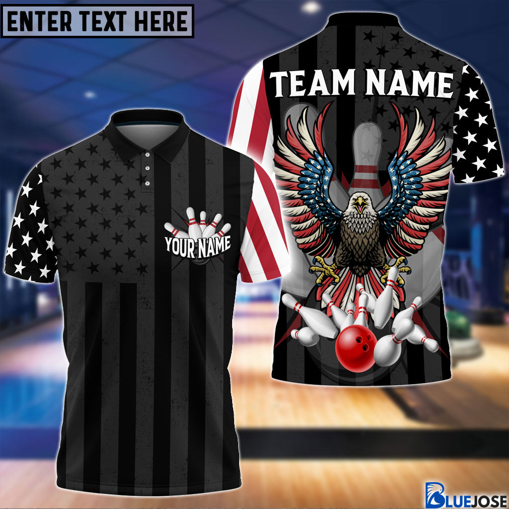 Frenzideas Eagle American Flag Bowling and Pins Multicolor Personalized Name Team Name 3D Shirt