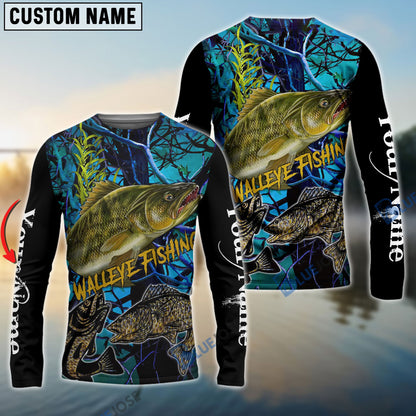 Frenzidea Blue Camo Walleye Fishing Custom   Long Sleeve Fishing Shirts