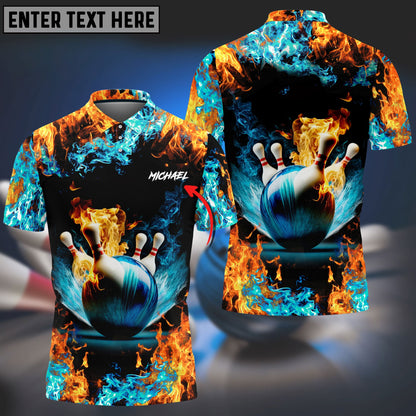 Frenzideas Blue Bowling Ball And Pins On Fire Customized Name 3D Shirt