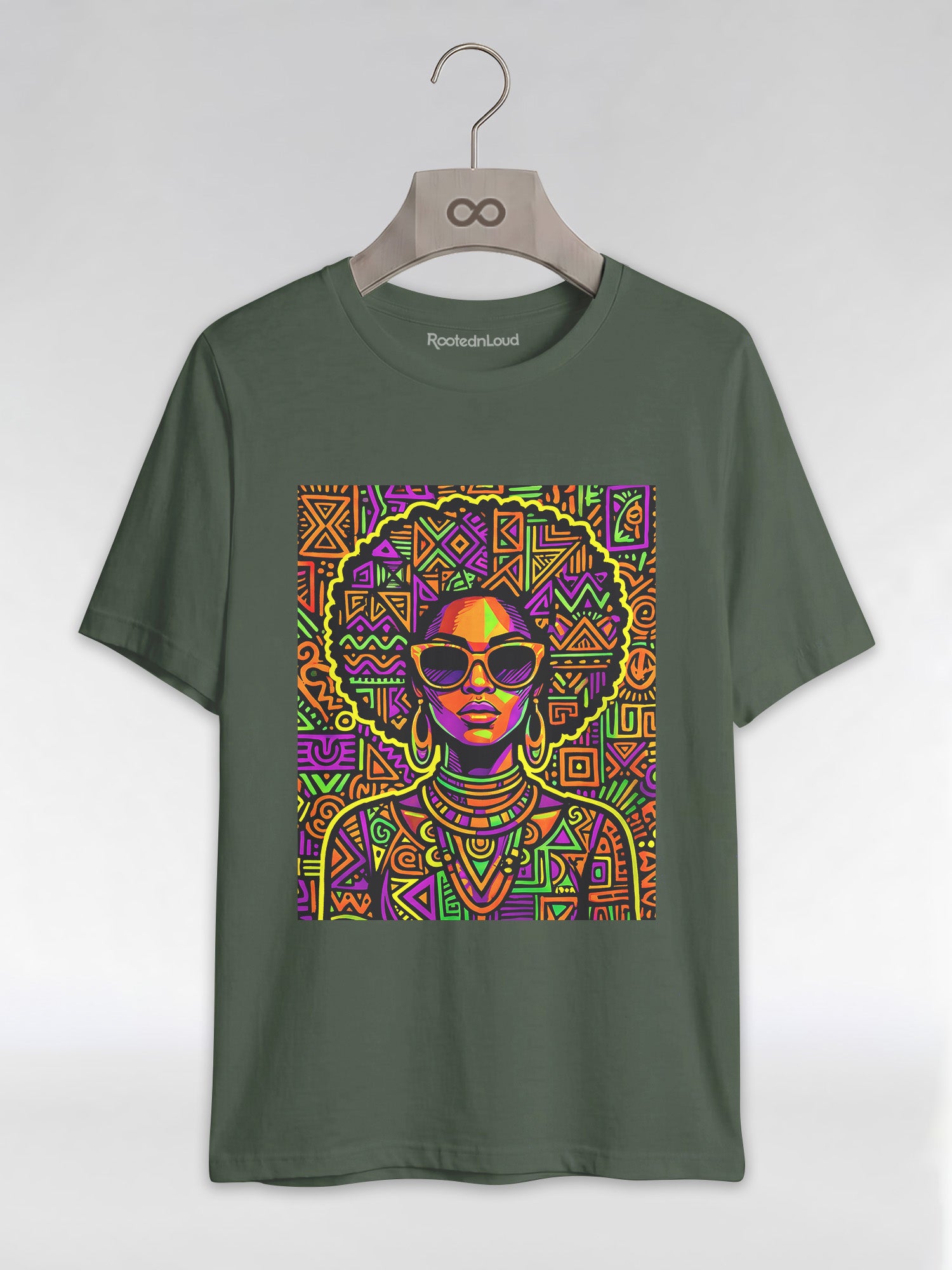 Neon Tribal Queen: Afrocentric Pop Art Black Woman Graphic T-Shirt - RootednLoud