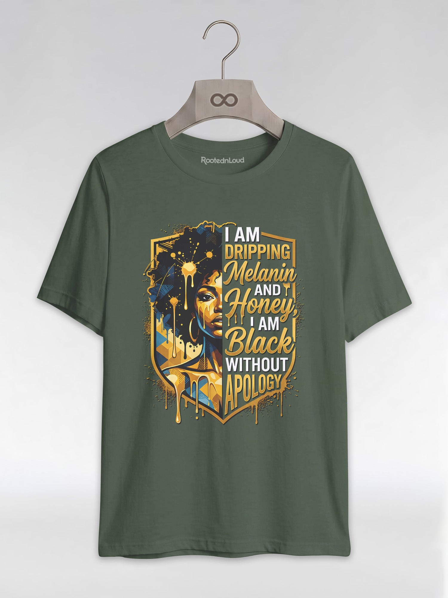 The Royal Shield: Dripping Melanin and Honey Black Queen Graphic T-Shirt - RootednLoud