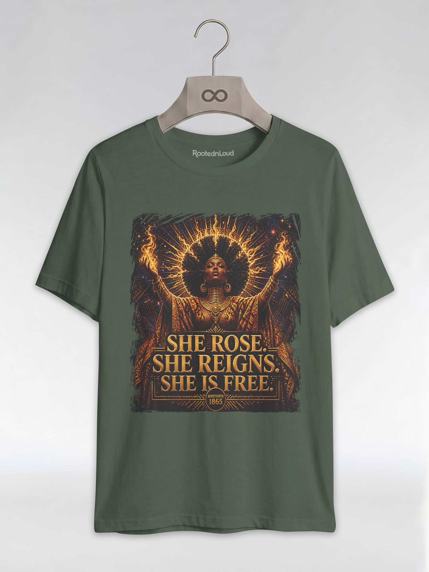 She Rose She Reigns She Is Free: Juneteenth Goddess Graphic T-Shirt - RootednLoud