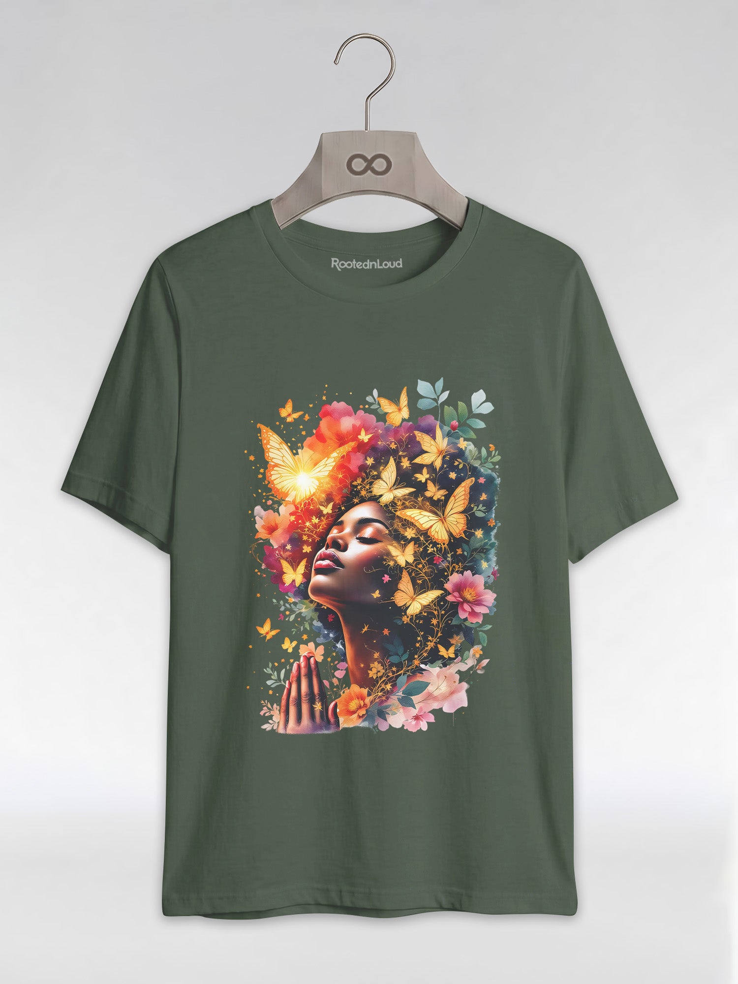 Praying Black Queen: Ethereal Floral Butterfly Graphic T-Shirt - RootednLoud