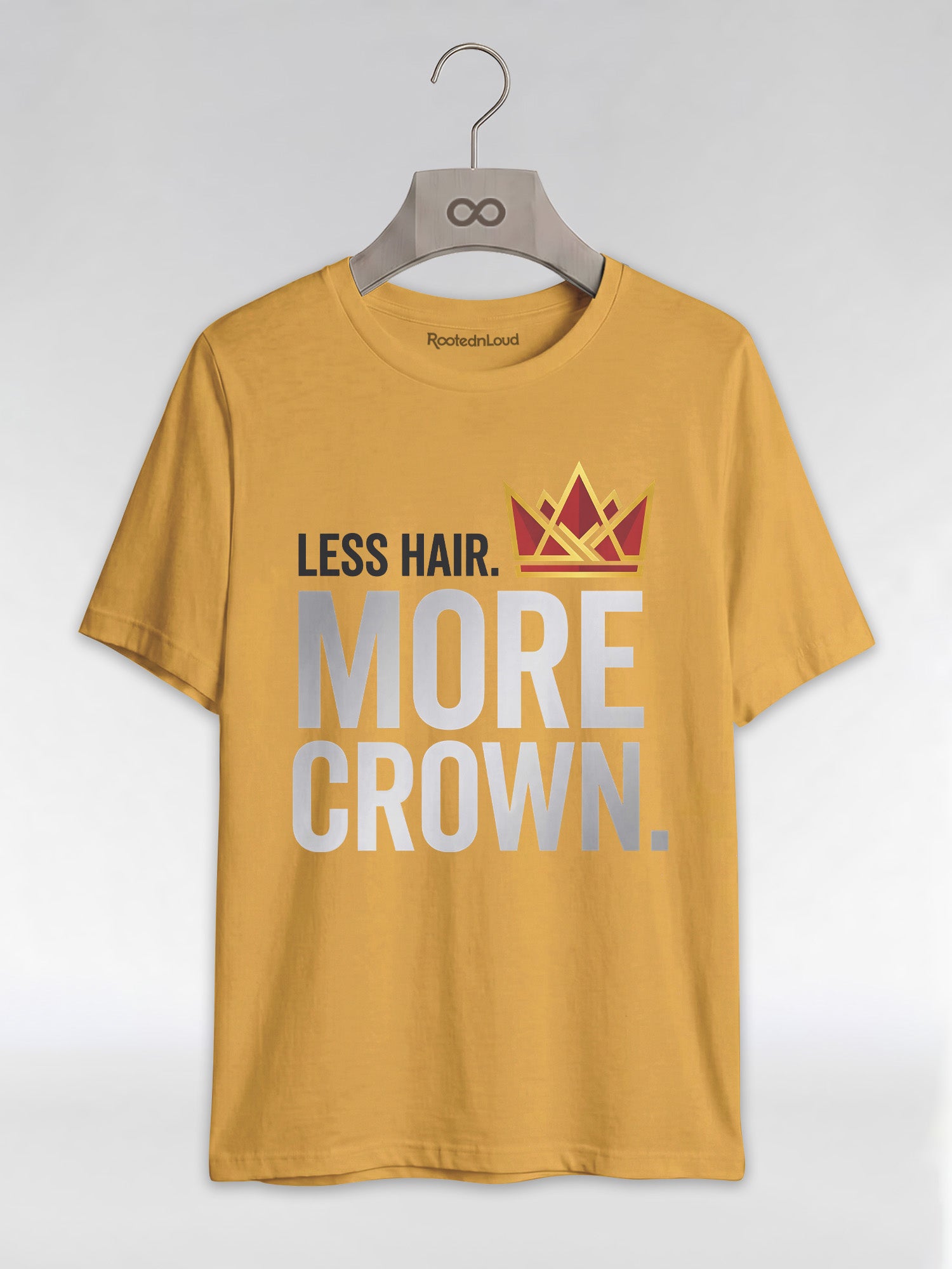 Bald & Proud: Less Hair More Crown Golden Typography Graphic T-Shirt - RootednLoud