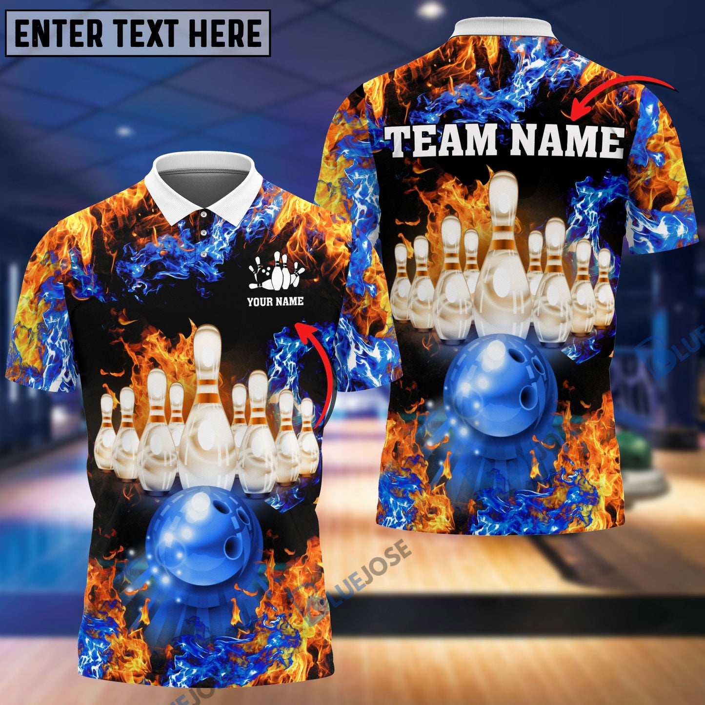 Frenzidea Red And Blue Flame Bowling and Pins Lightning Personalized Name 3D Shirt