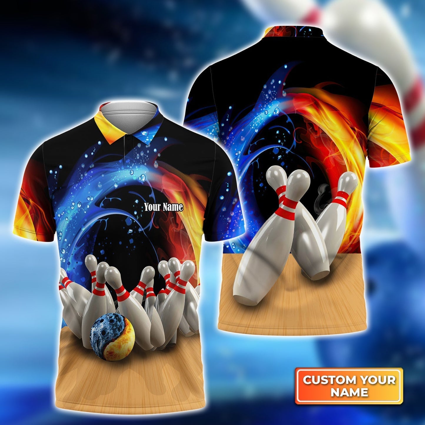 Frenzideas Bowling Game Strike Water and Fire Customized Name All Over Printed Shirt