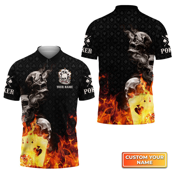 Frenzidea Poker Four Of A Kind Aces Skull On Fire Personalized Name 3D Polo Shirt
