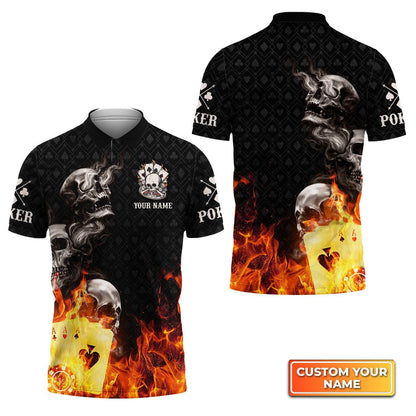 Frenzidea Poker Four Of A Kind Aces Skull On Fire Personalized Name 3D Polo Shirt