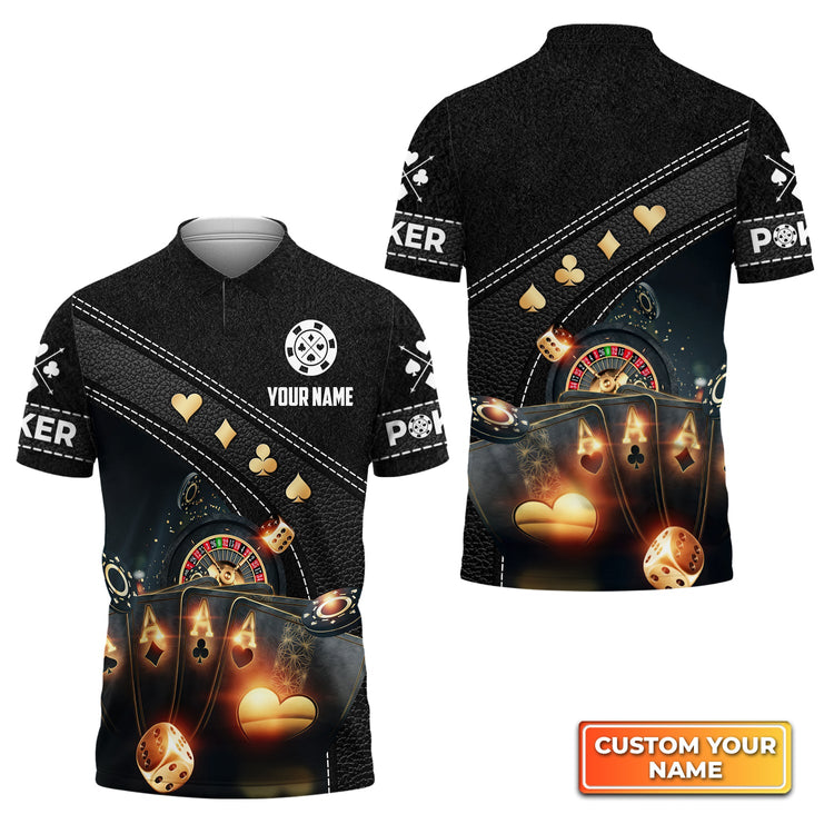 Frenzidea Poker Quad Aces Black Leather Personalized Name 3D Polo Shirt