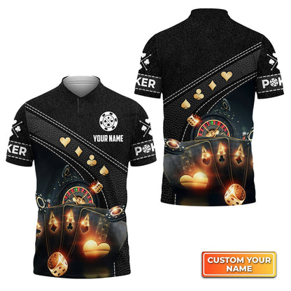 Frenzidea Poker Quad Aces Black Leather Personalized Name 3D Polo Shirt